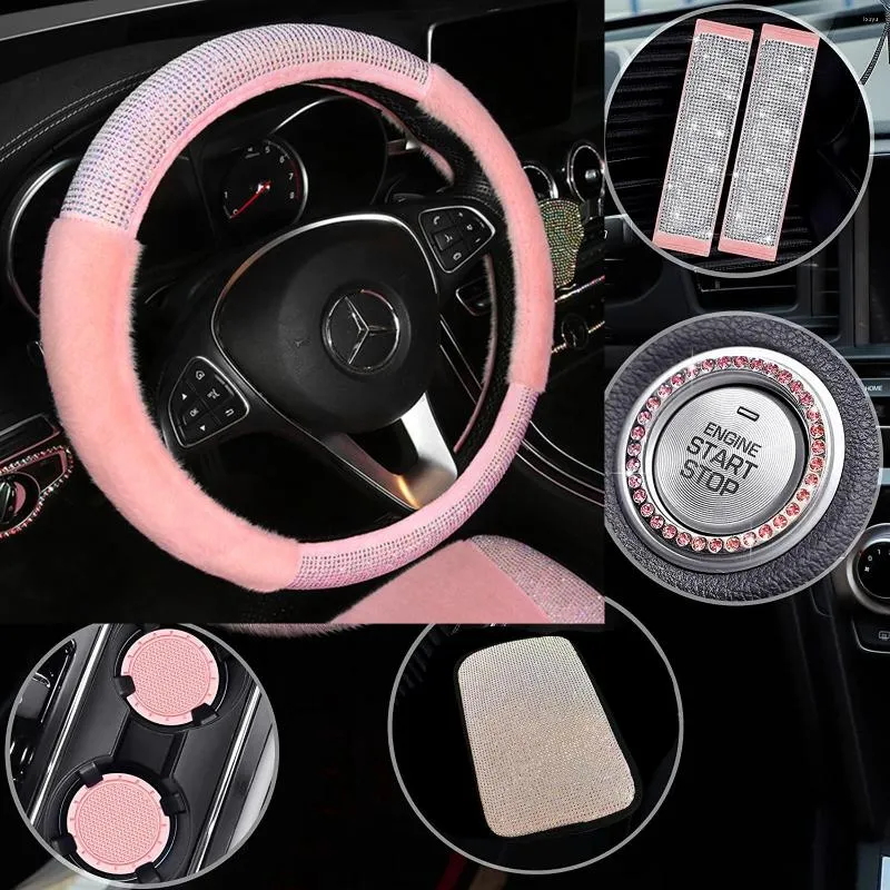 Ratthjul täcker 7 datorer rosa bling cover set fluffiga söta biltillbehör för kvinnor inkluderar strass säkerhetsbälte kuddar