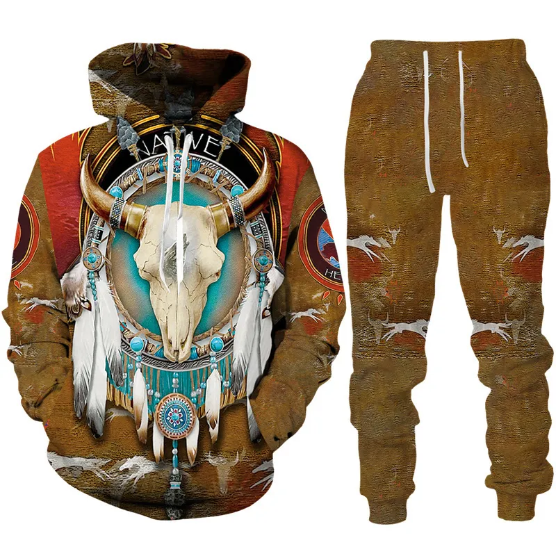 Männer und Frauen 3D-gedruckter indischer Ureinwohner-Stil, Freizeitkleidung, Wolf, Mode, Sweatshirt, Hoodies und Hosen, Übungsanzug 009