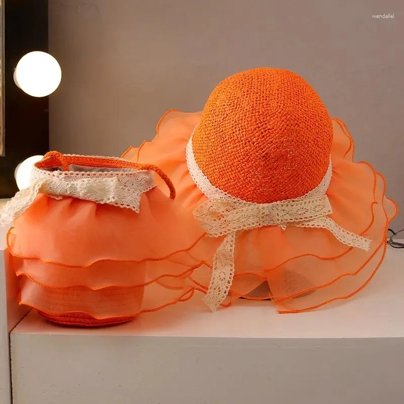 Wide Brim Hats Summer 2023 Girls' Straw Hat Suit Handbag Flower Sun Panama Gorros Baby Girls