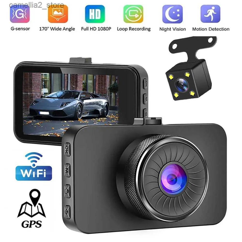 Carro DVRs Carro DVR WiFi Full HD 1080P Dash Cam Dupla Lente Traseira Drive Gravador de Vídeo Caixa Preta Câmera Auto Dashcam GPS Acessórios para Carro Q231115