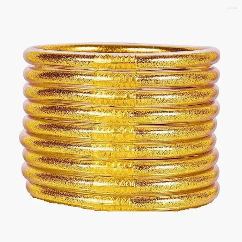 Bangle 9st/Set Glitter Jonc Buddhist Armband Pulseras Pan de Oro Buddha Girls Jelly Armelets mjuka för kvinnor