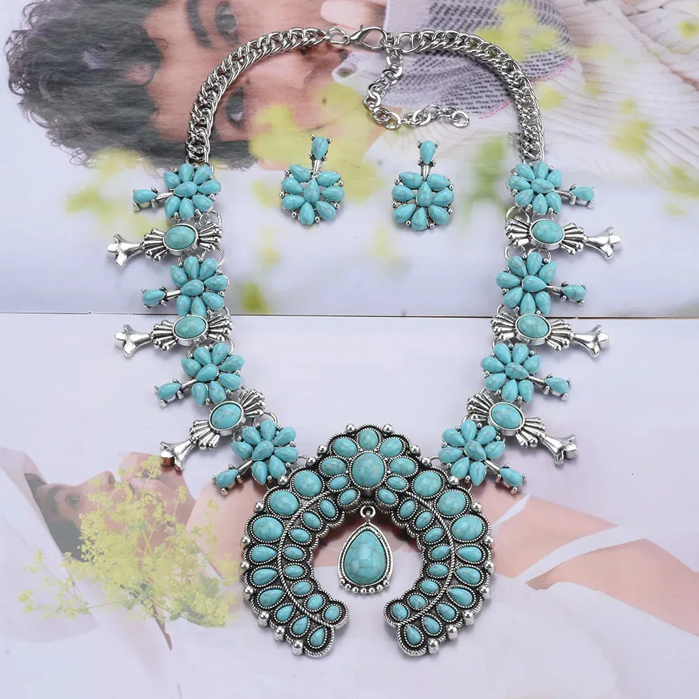 Chokers Indian Turquoise Statement Big Choker Necklace Women Bohemian Large Collar Maxi Chunky Vintage Necklace Jewelry Sets 231115