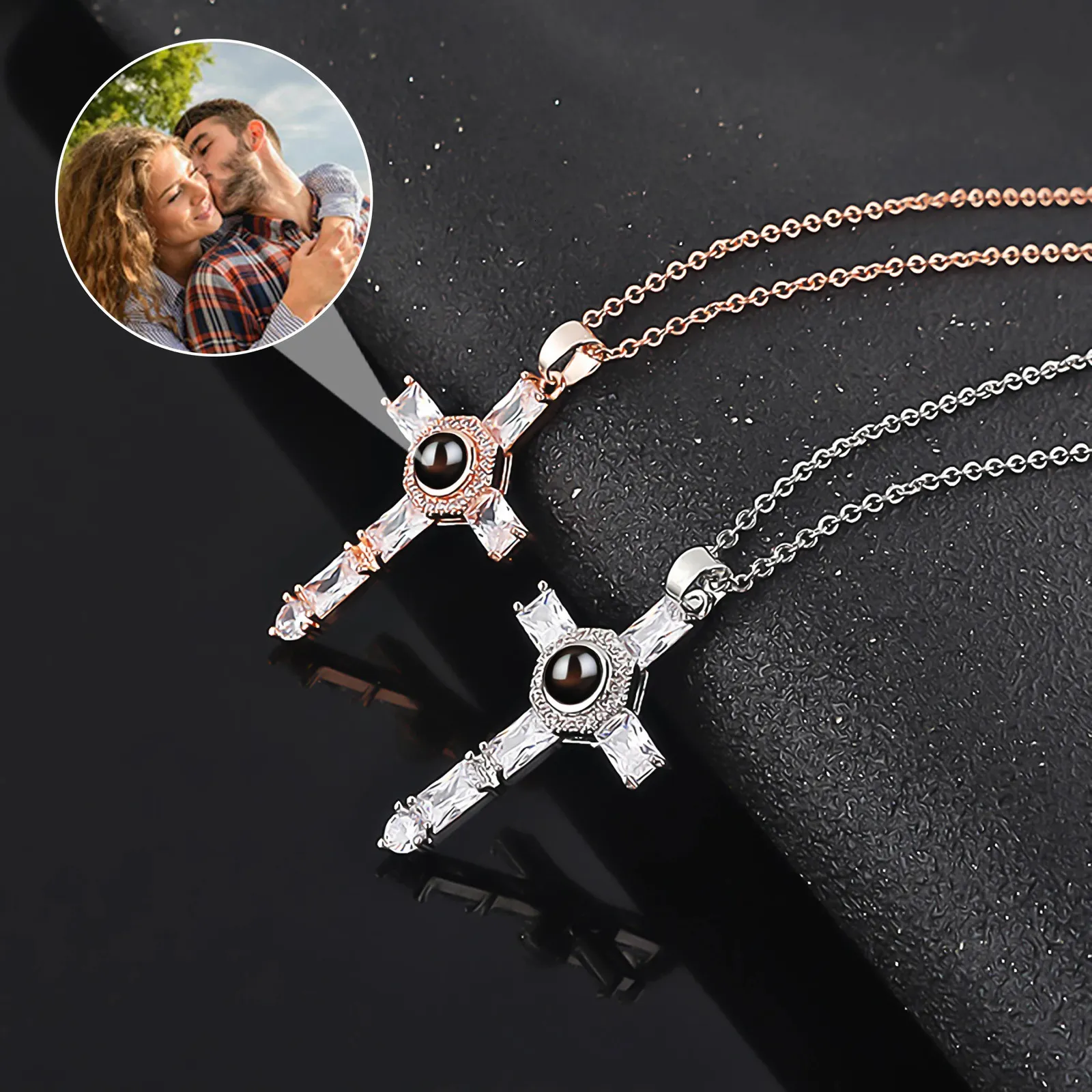 Colares de pingente de imagem personalizada projeção po colares para mulheres cruz pingente família personalizado presente de aniversário jewerly 231115