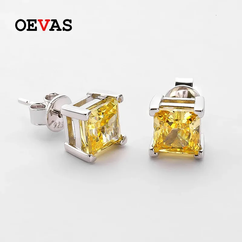 Stud Oevas 100% 925 Sterling Srebrny 6*6 mm żółty wysoki akwamarynowy Diamentowe kolczyki dla kobiet błyszcząca biżuteria 231115