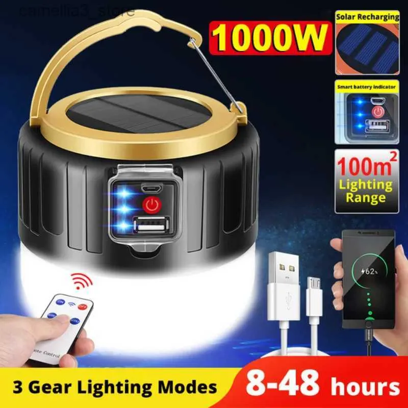 Camping Lantern 1000 Watts Solar LED CAMPING LIGHT USB RECHARGEABLE BULB FÖR UTOMTEN Tält Lamp Portable Lanterns Emergency Lights For BBQ Handing Q231116