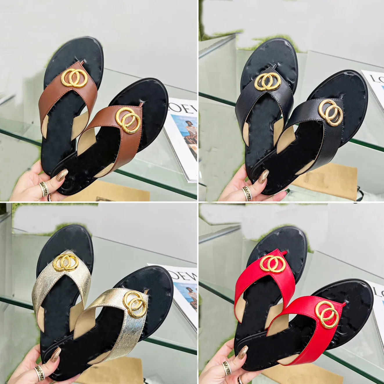 Womens Summer Flat bottom Slippers Flip Flops Designer women Sandals Low Heel Beach Walk Slipper shoes genuine Leather with box big size 35-45