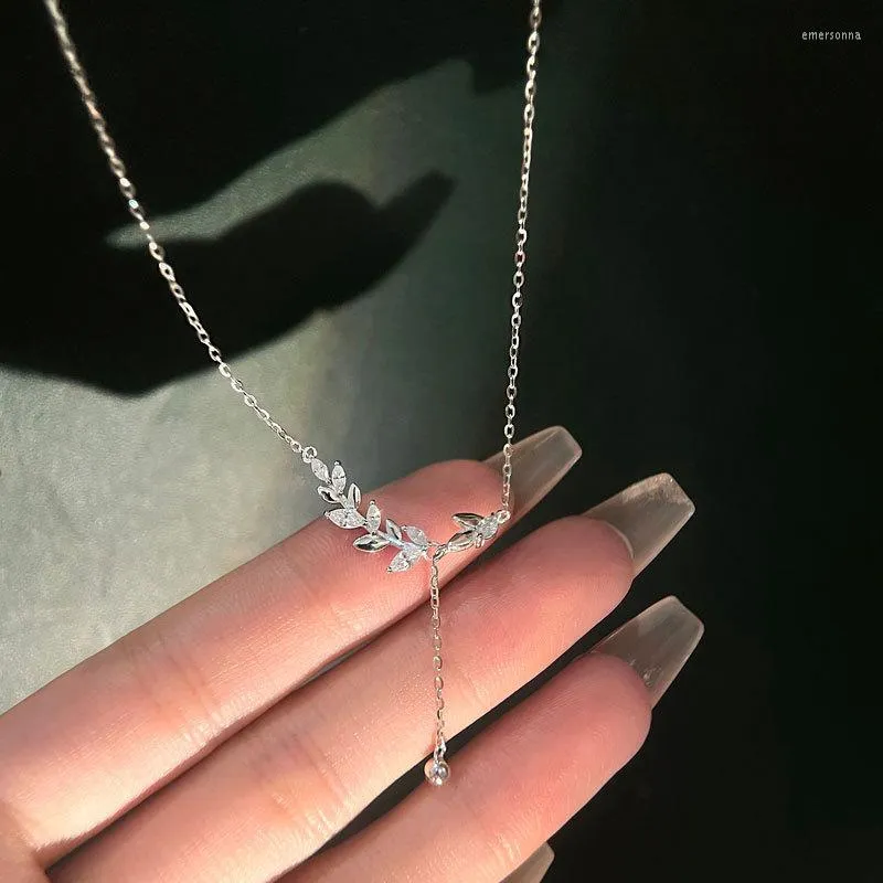 Kedjor nbsameng 925 sterling silver färskt blad klavikel halsband ljus lyxiga känsliga söta smycken för kvinnor tjej gåva droppe