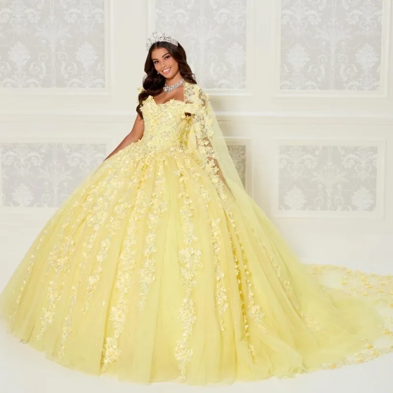 Yellow Quinceanera Dresses With Cape 2024 Sequins Beads 3D Flowers With Cape Princess Sweet 16 Gown Vestidos De 15 Anos