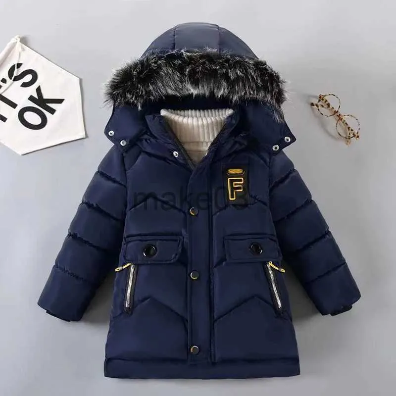 Down Coat 2023 Nouveau hiver garçons veste garder au chaud bébé manteau lettre à capuche fermeture éclair mode col de fourrure garçons vêtements d'extérieur 3-8 ans enfants vêtements J231115