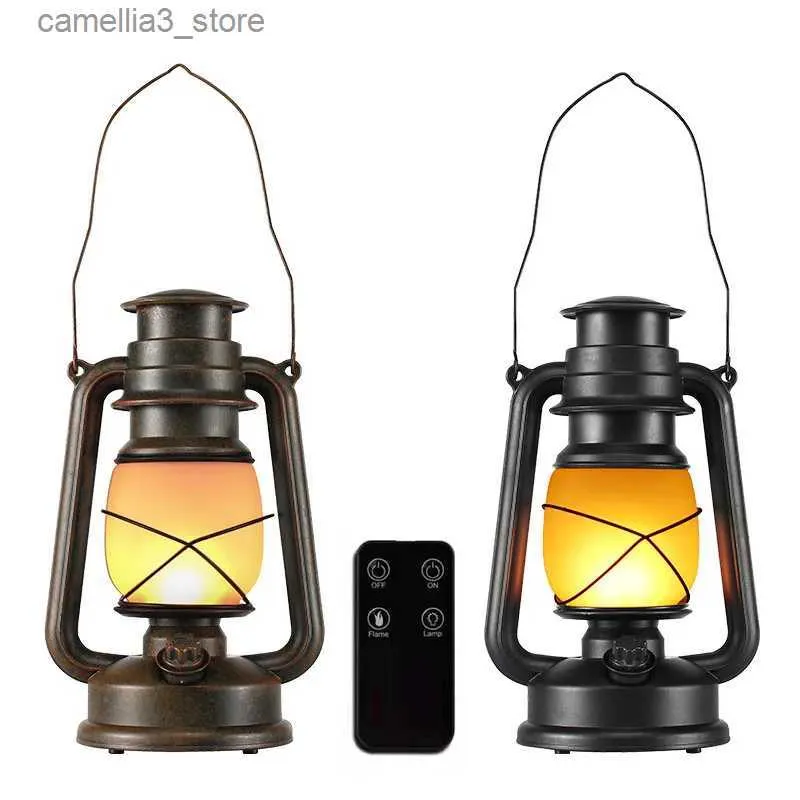 Camping Lantern Vintage Camping Lantern Remote Control LED Flame Tent Light Battery Kerosene Lamp Outdoor Portable Lighting Ramadan Decoration Q231116