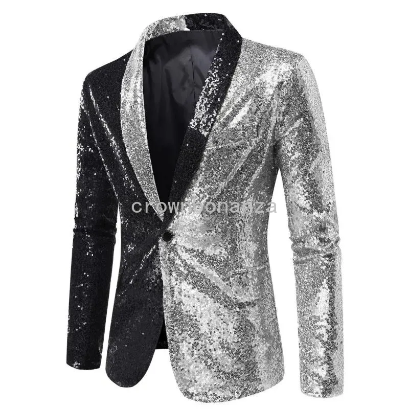 Trajes para hombre Blazers de esmoquin con lentejuelas plateadas y negras para hombre, elegante y brillante solapa con un botón, chaqueta, traje, chaqueta para hombre, disfraz de escenario para fiesta disco