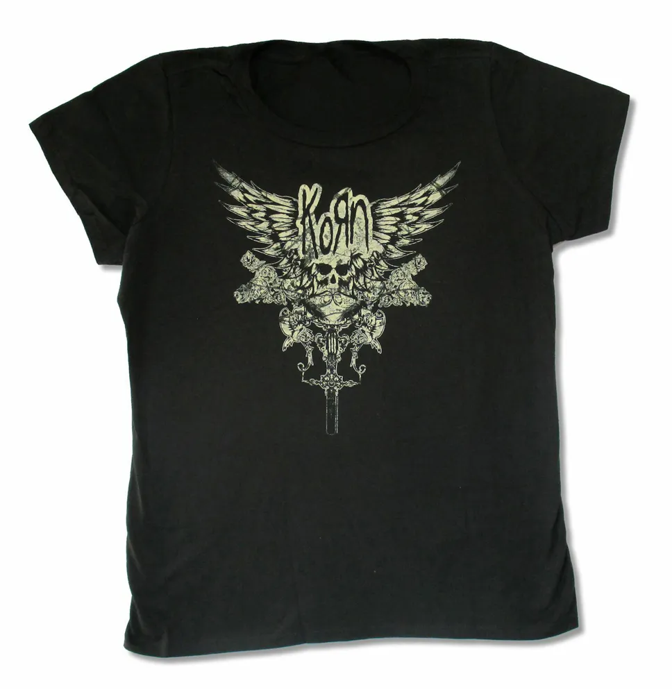 Camisetas masculinas Korn Skull Wings Girls Juniors Black Tir Shirt Band Merch Personalizar camiseta 230414