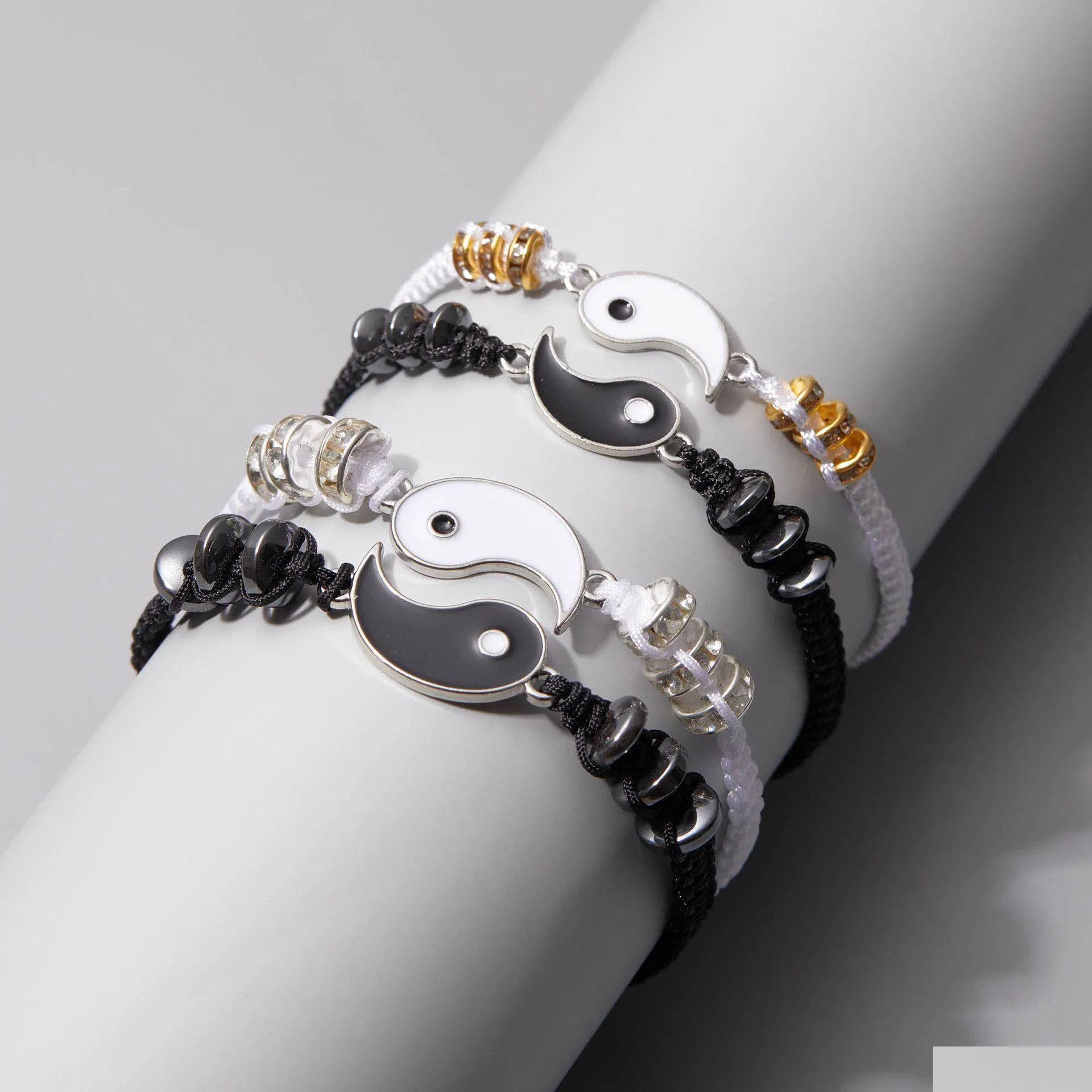 Charm Bracelets Voleaf Couple Bracelets Leather Cord Braid Chain Gossip Chinese Tai Chi Alloy Pendant Lover Gift Friendship Luck Jewel Dhjmq