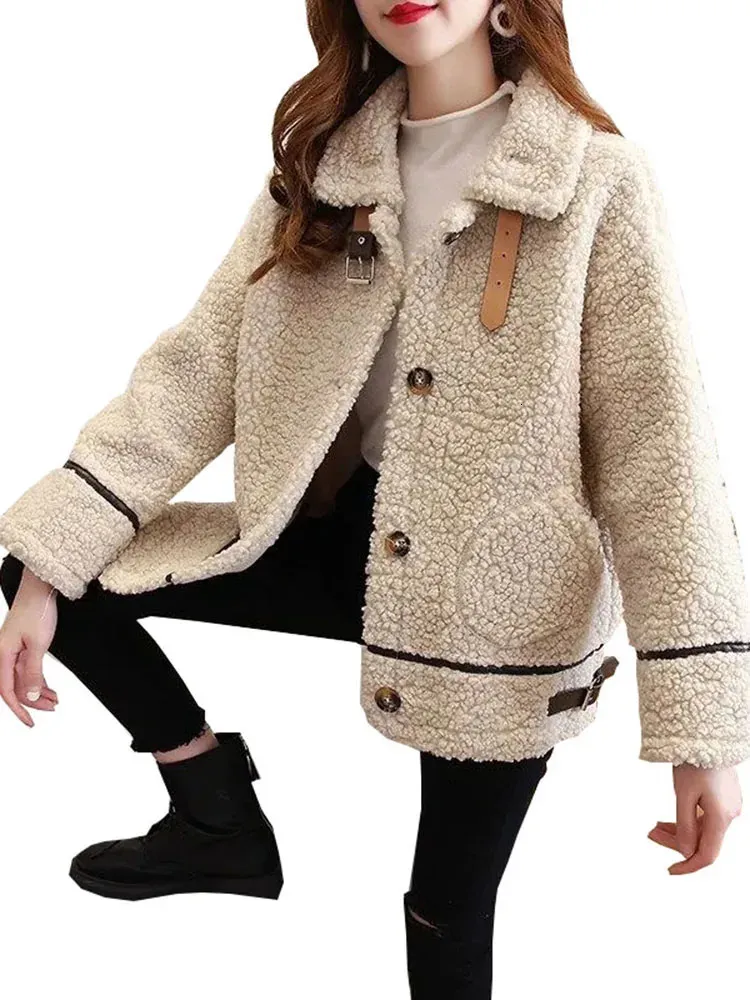 Damenjacken Frauen Frühling Lamm Fleece Pullover Mantel weiblich verdicken warme Jacke lose lässig Allgleiches dickes Fell ein Plüsch Cardigans 231115