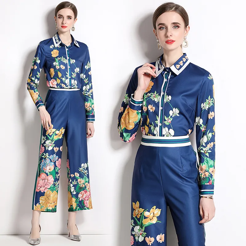 Tvåverk set kvinnodesigner Floral Party Blue Pant Set 2023 Spring Autumn Long Sleeve Lapel Button Print Shirt and Wide Leg Pants Semester Suits Office Lady Outfit