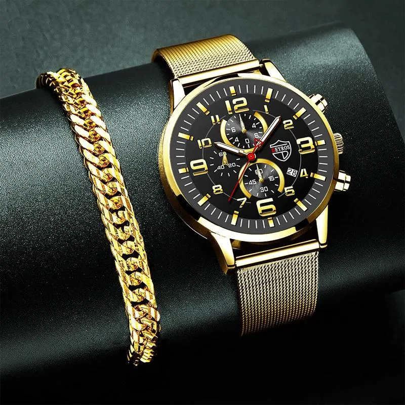 Montres-bracelets Top marque hommes montres en or hommes mode luxe en acier inoxydable maille ceinture quartz montre-bracelet mâle affaires décontracté bracelet montre
