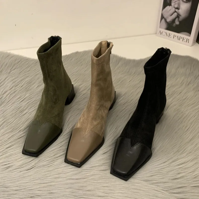 Сапоги осень-зима женские ботильоны модные меховые замшевые туфли на высоком каблуке короткие топсайдеры женские элегантные ботинки Roma с квадратным носком 231115