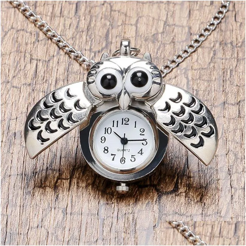 Pocket Watches Cute Sier/Bronze Vintage Night Owl Design Pocket Watches Halsband Pendant Quartz Analog titta för män Kvinnor Kids Drop D Dhxgf