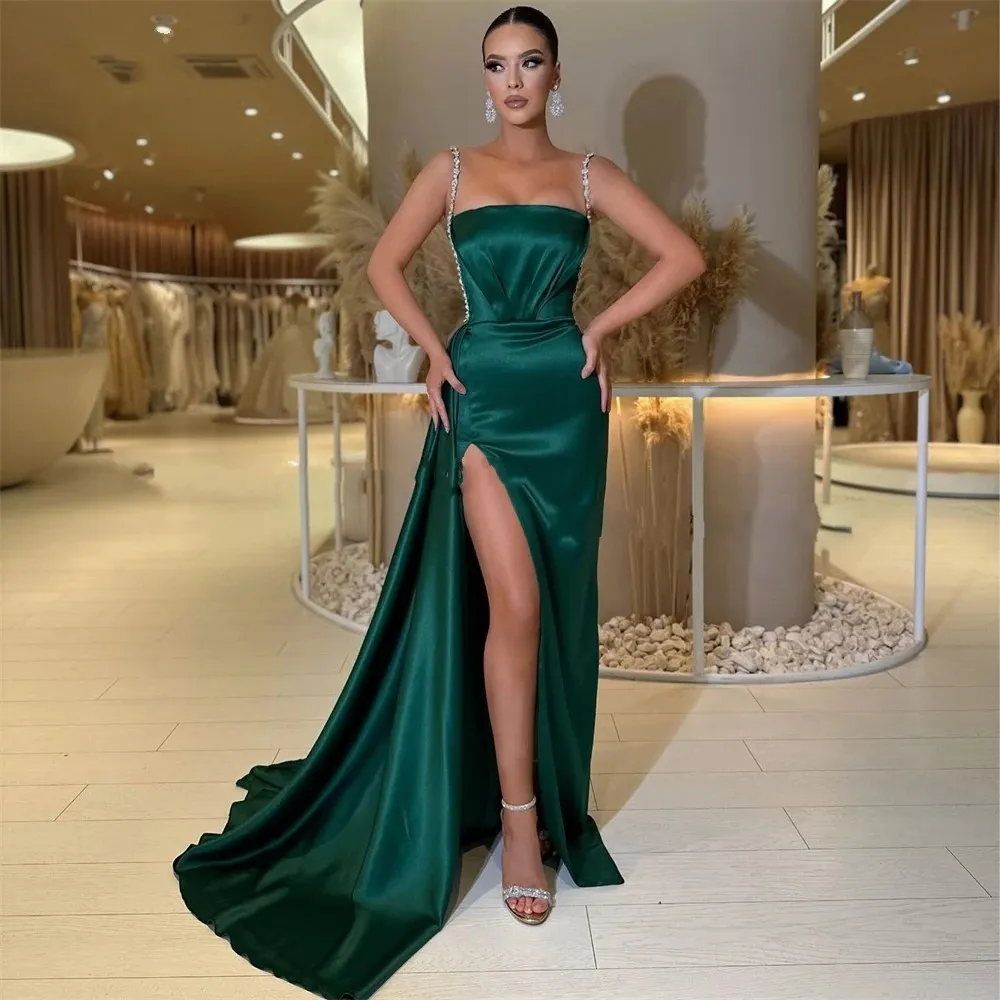 2024 Dark Green Sequin Mermaid Evening Dress Glitter Spaghetti Straps High  Slit Satin Formal Prom Party Gowns