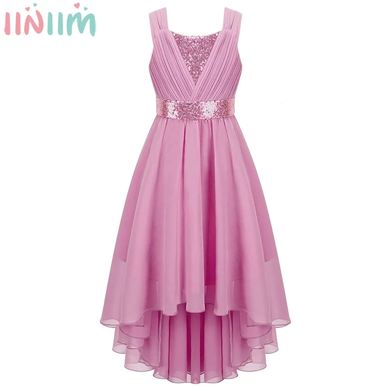 Flickans klänningar Kids Girls Elegant Chiffon Ruched Party Dress Shiny paljett ärmlös hi-lo hem maxi bollklänning prinsessa bröllop födelsedag klänning 231114