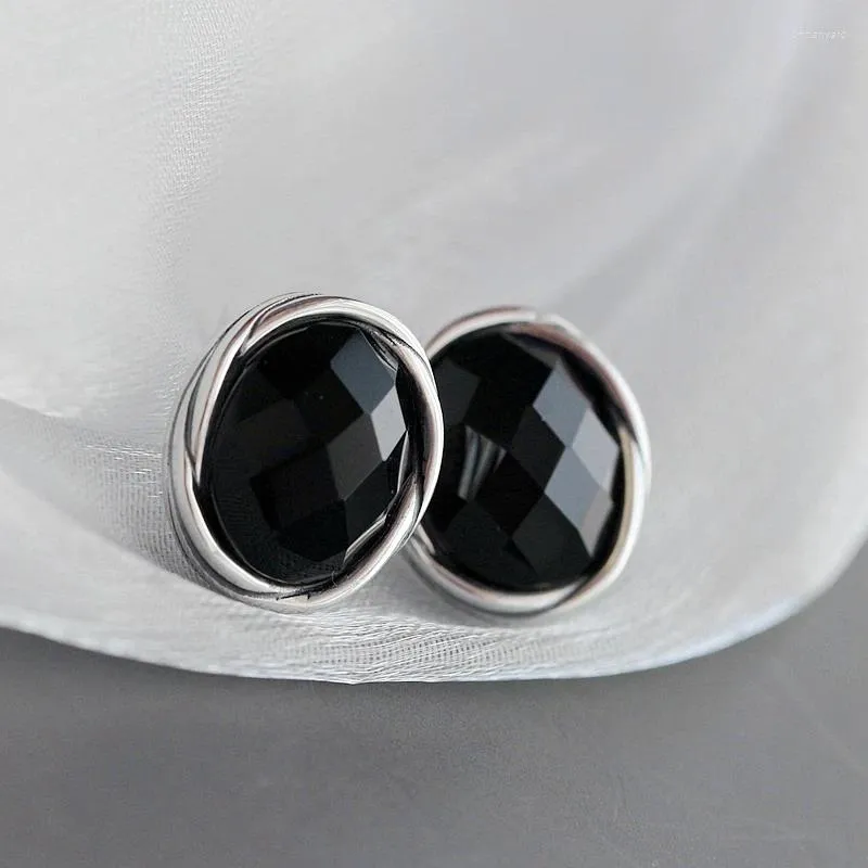 Boucles d'oreilles à tige en argent Sterling 925 authentique pour femme, breloque de Style rétro incrustée d'agate noire ovale, bijoux concis à la mode, cadeau