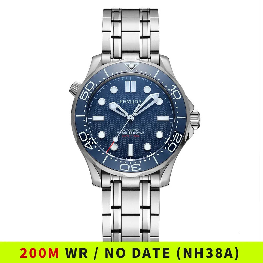 Andere Uhren PHYLIDA Blaues Zifferblatt NH38a Automatikuhr Diver 200 Saphirglas SLN BGW9 Lume SE BL 38 231114