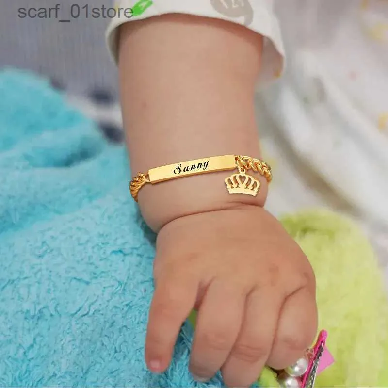 Chain Custom Personalized Name Baby ID Bracelet Stainless Steel Cu Chain Link Crown Bracelet Newborn Gilrs Boy Gifts Not AllergicL231115