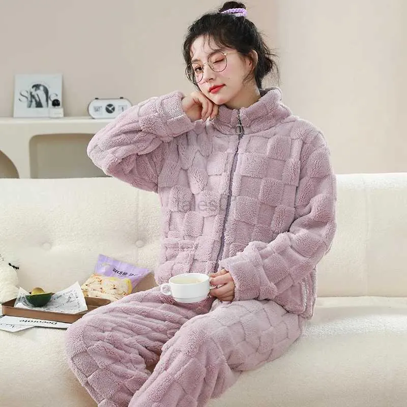 Dames Slaap Lounge Flanellen Pyjama Sets Voor Vrouwen Rits Nachtkleding Herfst Winter Koraal Fleece Huiskleding Vrouwelijke Homewear Loungewear Warm Pak zln231115