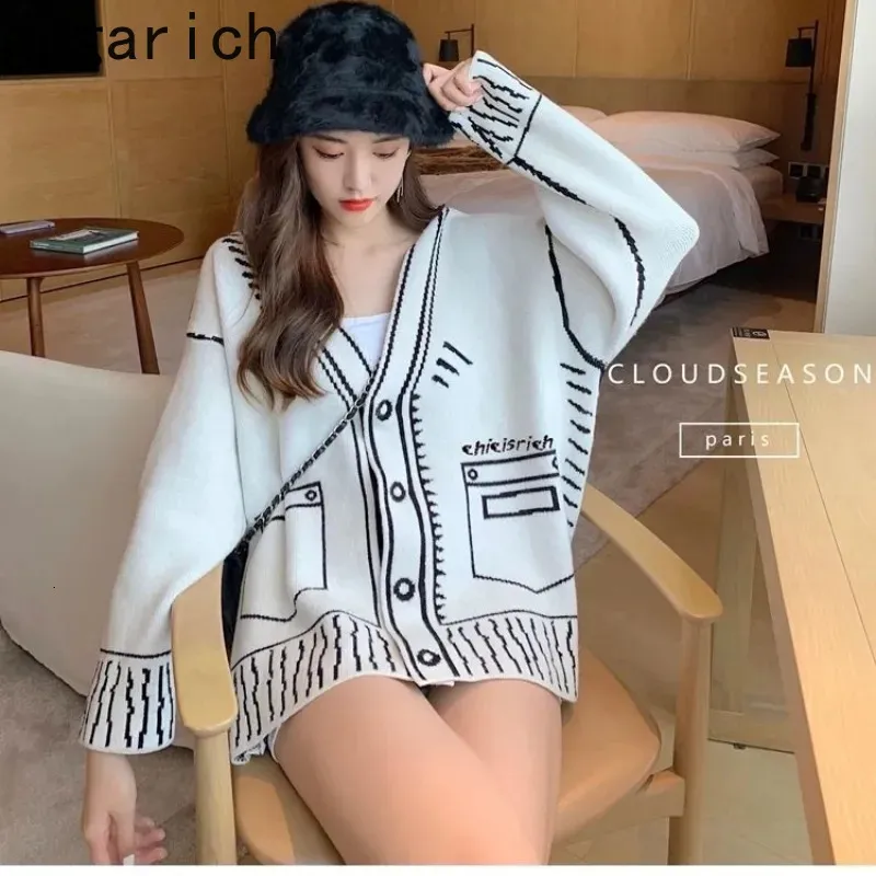 Suéteres femininos Gagarich Harajuku preto branco suéter mulheres outono inverno exterior desgaste solto casual streetwear grosso malha cardigan top 231115