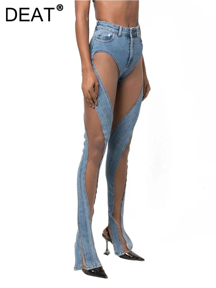 Jeans Femme DEAT mode femmes jean taille haute spirale évider maille conception sens couture fente Denim pantalon automne WY140 231114