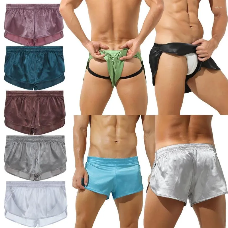 Underbyxor sexiga män underkläder lös sida delade boxare män homme trosor boxare shorts satin slik sömn bottnar pyjama