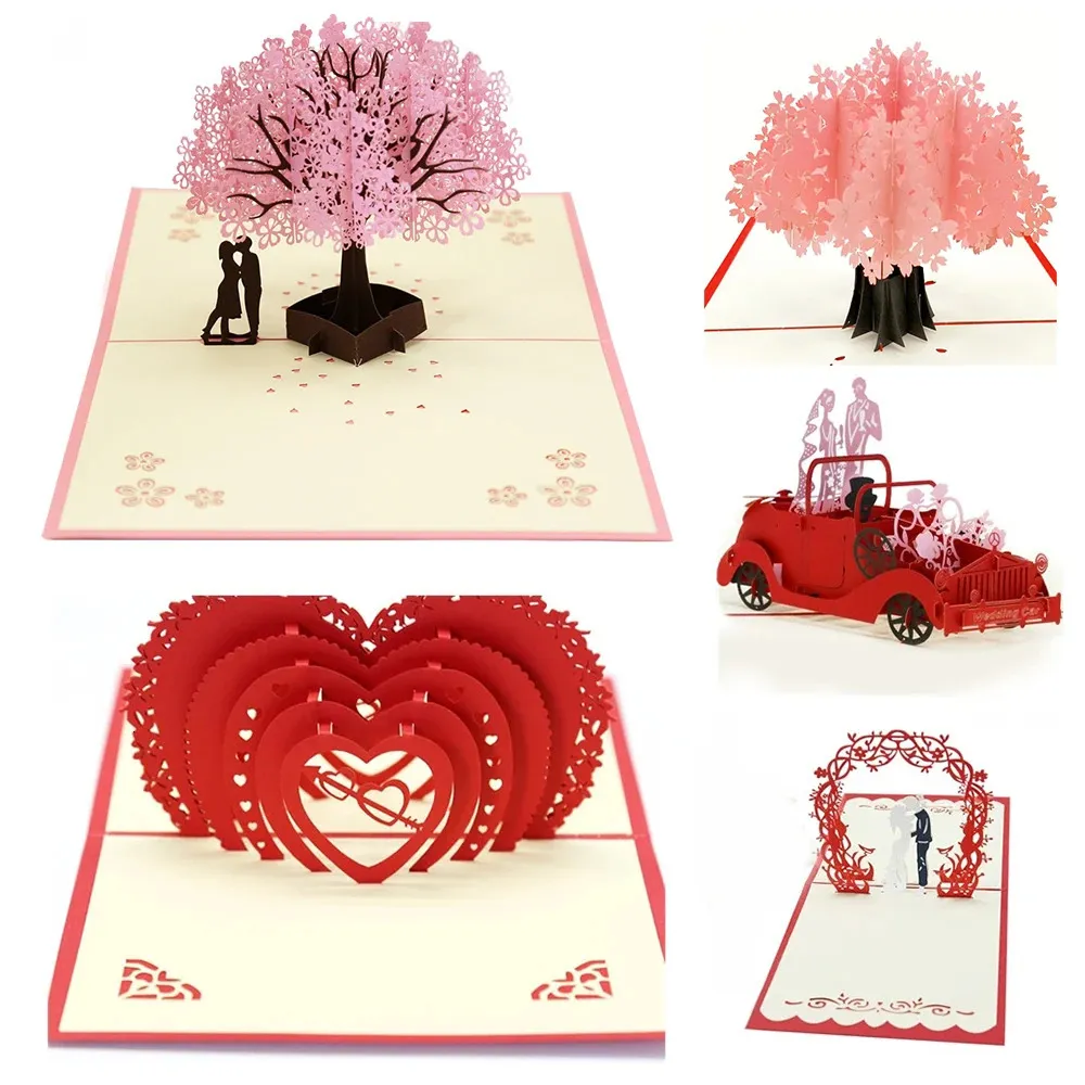 10PC Cartões 3D pop-up cartão de amor com envelope Dia dos Namorados Cartão de Aniversário Casal Esposa Marido Presente Feito à Mão 231115