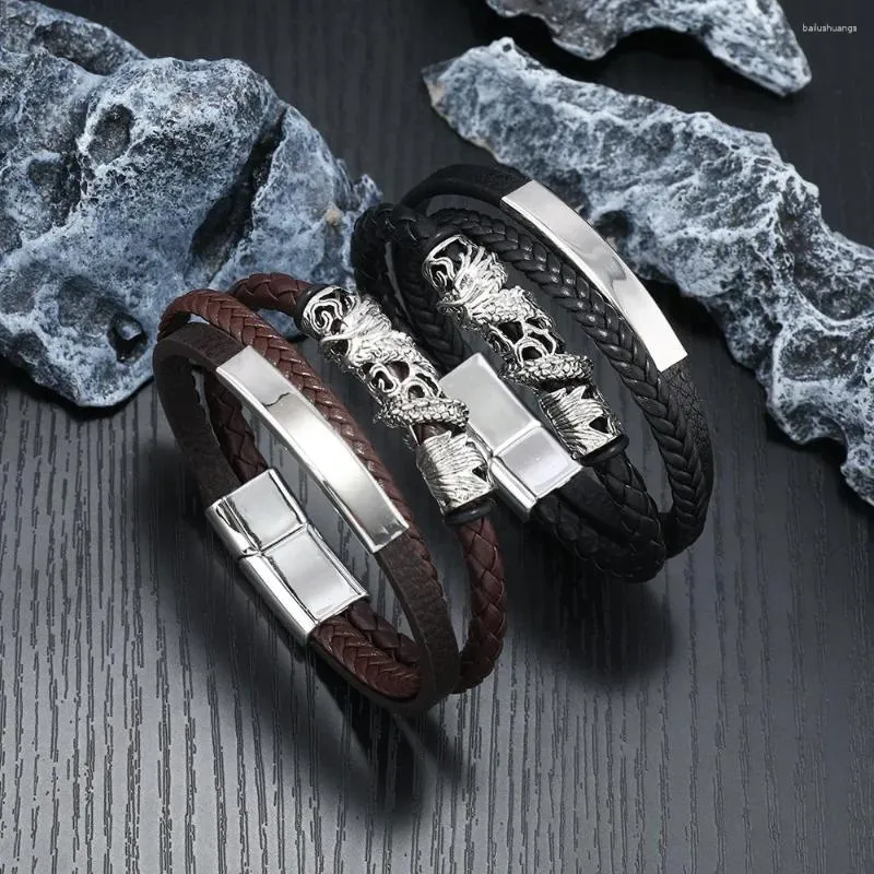 Charm Bracelets Fashion Trend Men's Bracelet Punk Style Woven Leather Rope Multi Layer Titanium Steel