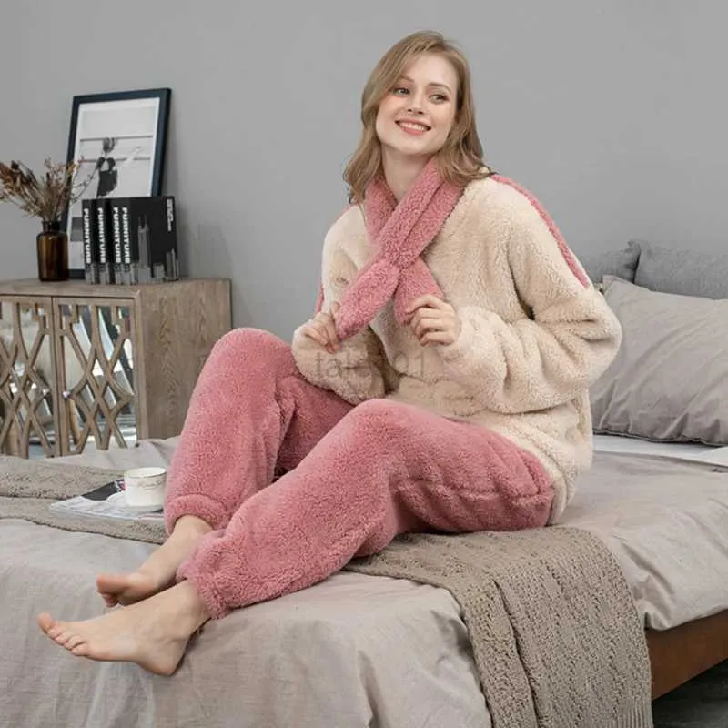 Pyjama-Set für Damen, Schlaf-Lounge-Fleece-Pyjama-Set, einfarbig, langärmelig, Winter-Frottee-Damen-Pyjama-Anzug, 2-teilig, mit langen Hosen, dicke, warme Heimkleidung, weiblich, zln231115