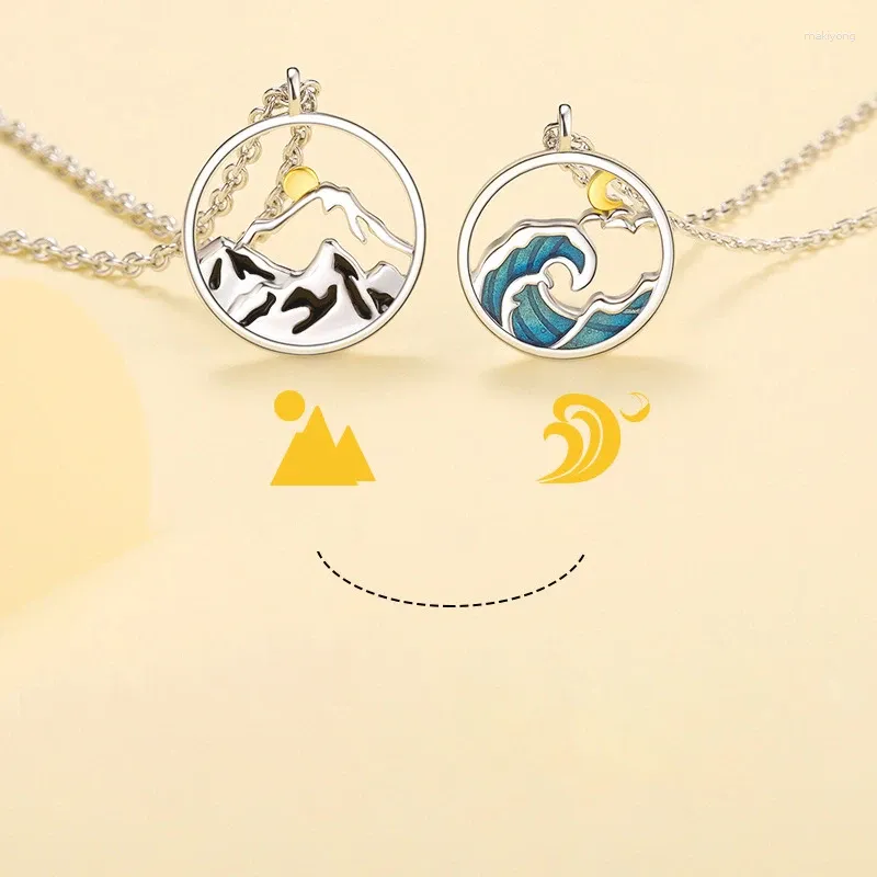 Pendentifs vente couleur argent personnalité montagne mer soleil lune pendentif Couple collier cadeau X366