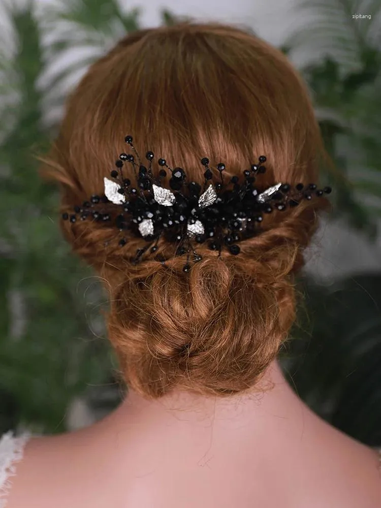 Pinces à cheveux, accessoires de mariage, feuilles, peigne en cristal noir, bijoux tendance, couvre-chef de mariée faits à la main, diadème de noël