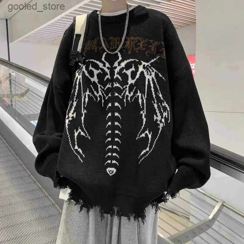 Herentruien Vleermuistruien Skelettrui Gebreid Vintage Gescheurd Herenkleding Oversized Schedeltrui Dames Harajuku Gothic Q231115