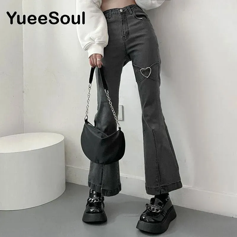 Damesjeans Love Metal Grey Dames Jenas Hoge taille Flares Broek Mode Y2K Vintage Schattig Zoet Casual Jaren 2000 E-meisje Vrouwelijke kleding 231115