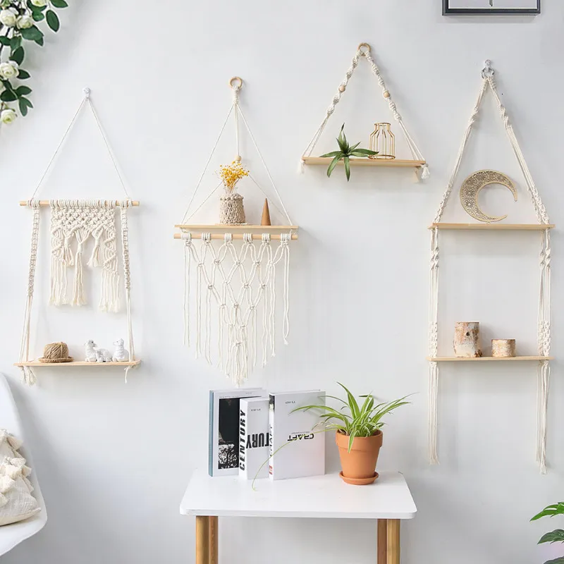 Decorative Objects Figurines Macrame Shelves for Bedroom Plant Boho Home Decor Christmas Decoration Wooden Wall Shelf Candle Holder Floating Gift 230414