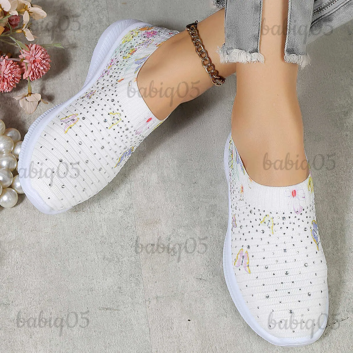 Zapatos de vestir 2023 Rhinestone Calcetines elásticos Zapatos Casual Mujer Un paso Lazy Zapatos deportivos Flying Weaving Zapatos ligeros HB5003 T231115