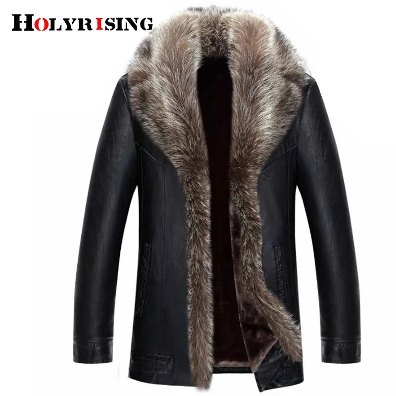 Men's Jackets M-5XL Holyrising Real Raccoon Fur Collar Men Faux Leather Jackets Winter Thicken Coat jaqueta de couro chaqueta Men PU Leather 231115