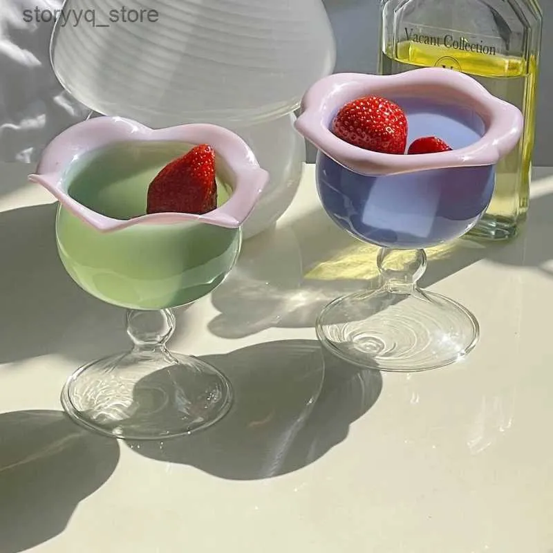 Wine Glasses Cocktail Cup Wave Flower Colorful Glass Dessert Fruit Water Cup Heat Resistant Nordic Yogurt Wine Glass Drinkware Shot Glasses Q231115