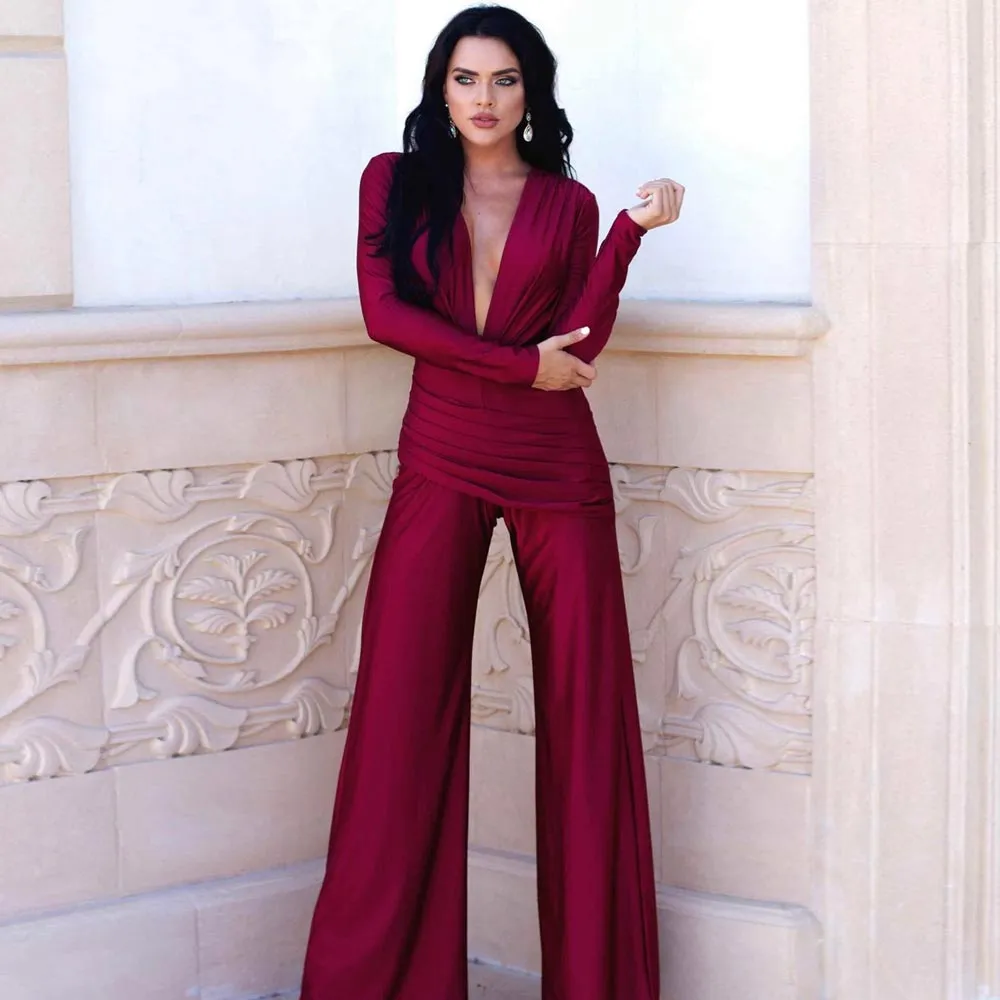 Tute bordeaux Abiti da sera Abiti da ballo con scollo a V profondo Maniche lunghe con pantaloni Abito formale in raso plissettato