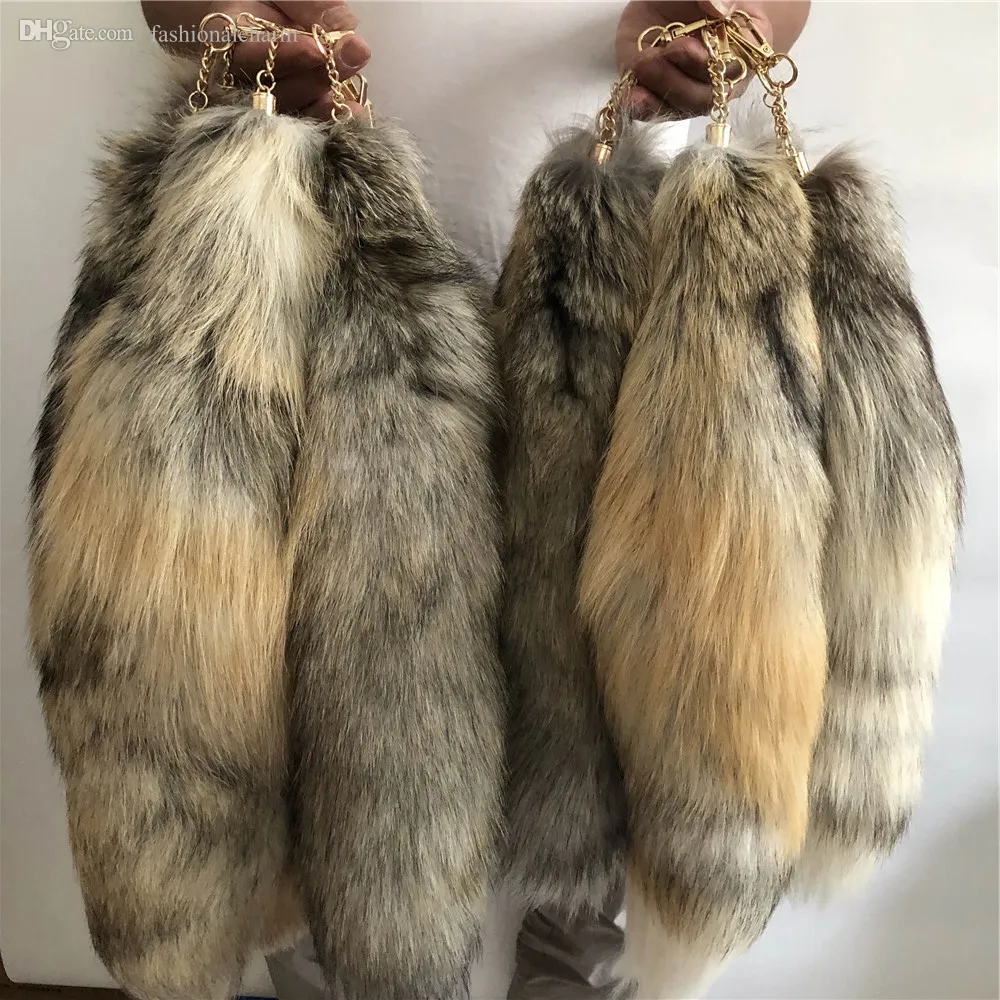 10Pcs/lot -40cm/16" Long Real Genuine Golden Island Fox Fur Tail Keychians Cosplay Toy Keyring Bag Charm Tassels Pendant