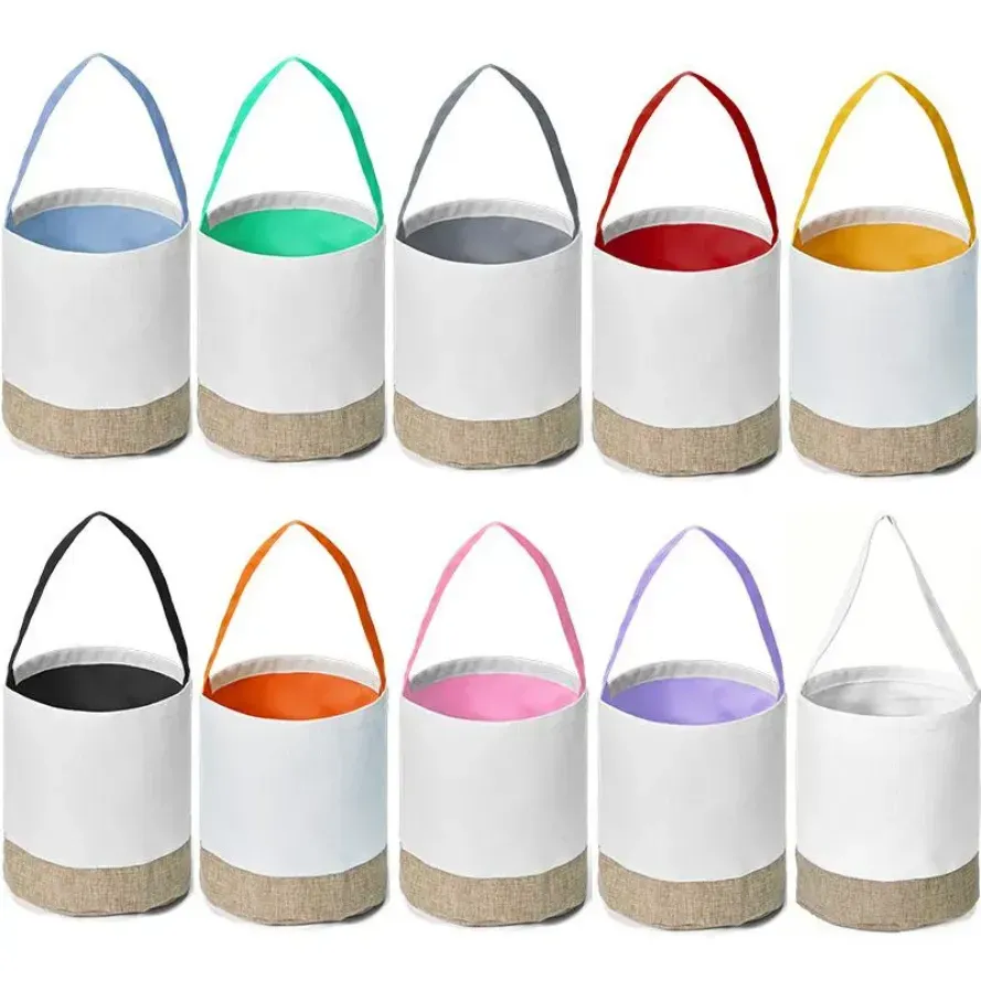 10 Couleurs Sublimation Blanc Panier De Pâques Sacs Coton Linge Transportant Des Oeufs Cadeau Chasse Bonbons Sac Halloween Pochette De Rangement DIY Sac À Main Jouets Seau