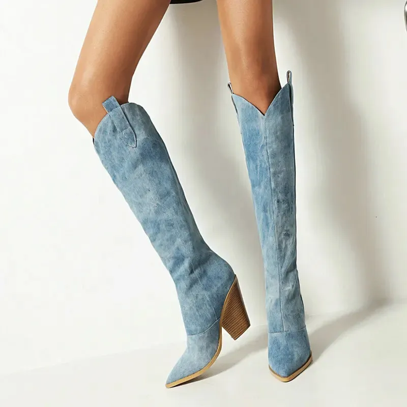 Botas Moda Denim Mulheres Ocidentais Joelho Coxa Botas Altas Salto Alto Outono Inverno Cowboy Botas Longas Deslizamento em Sapatos Mulher Grande Tamanho 43 231115