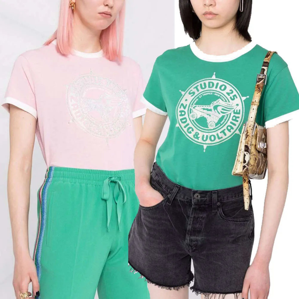 23 Summer Women's T-shirt Zadig Voltaire ärmar Kontrast Skjortor Roller Skate Print Hot Drill Cotton Women's Short Sleeve T-shirt