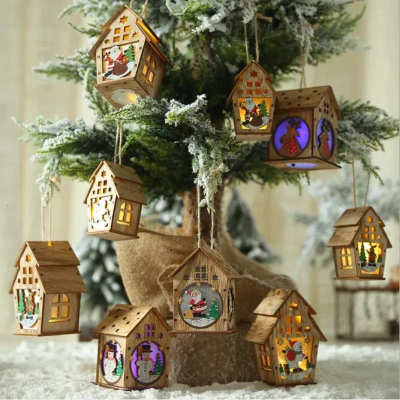 Christmas Decorations 1Pc for Tree LED Light Wood House Cute Hanging Ornaments Holiday Home Decor 231115