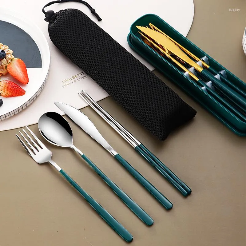 Servis uppsättningar 304 Tabelleriset Set Portable Cotarly High Quality Rostless Steel Knife Fork Spoon Camping Travel Flatware With Box