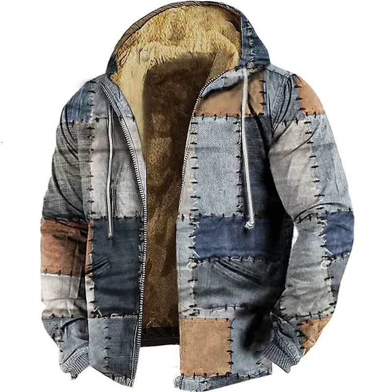 Mens Hoodies Sweatshirts Zipper Winter Fleece Parka Coat Sy Patchwork Graphic Jacket Ytterkläder Daglig huva Zipup Overcoat 231114